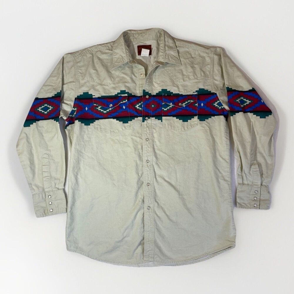 Vintage Pearl Snap Aztec Rustler Wrangler Cowboy Shirt Mens Size XLT Western